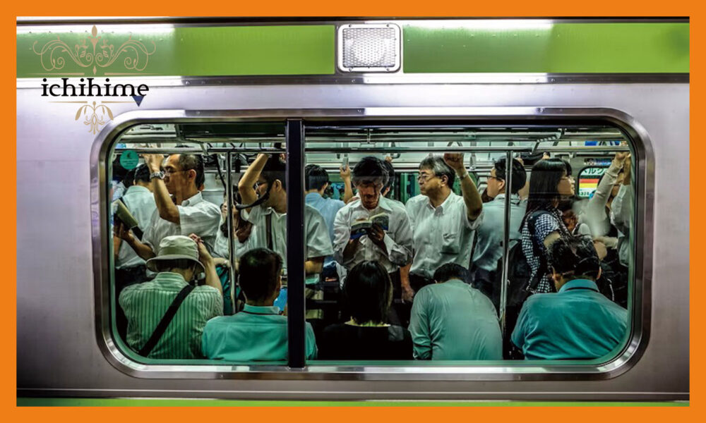 満員の電車の中で、立って本を読んでいる男性の画像
