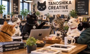 事業所で仲間と話している黒猫
