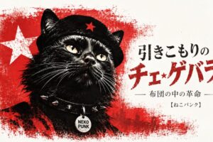 黒猫がチェゲバラみたいな格好で遠くを見ている