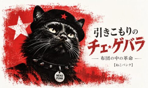 黒猫がチェゲバラみたいな格好で遠くを見ている
