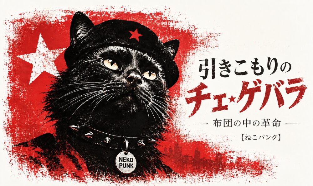 黒猫がチェゲバラみたいな格好で遠くを見ている