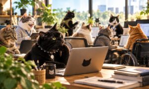 事業所で考えている黒猫